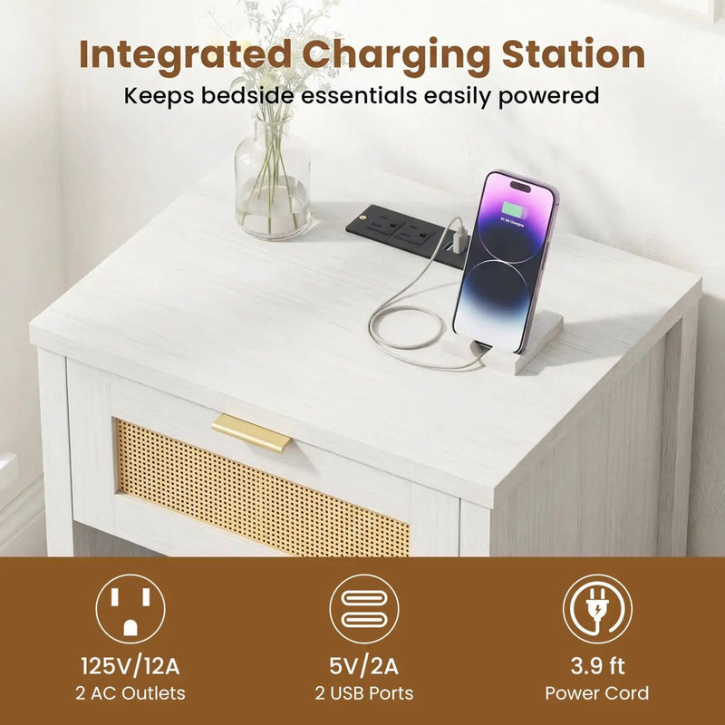 Rattan Nightstand with Charging Station and Storage Shelf for Bedroom by DirectDeals