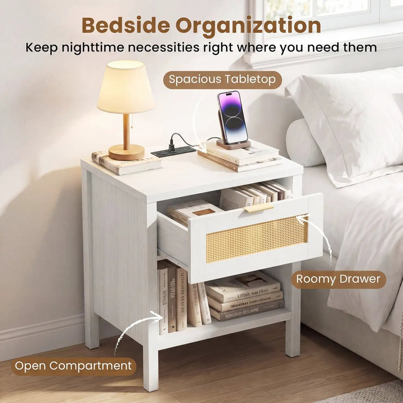 Rattan Nightstand with Charging Station and Storage Shelf for Bedroom by DirectDeals
