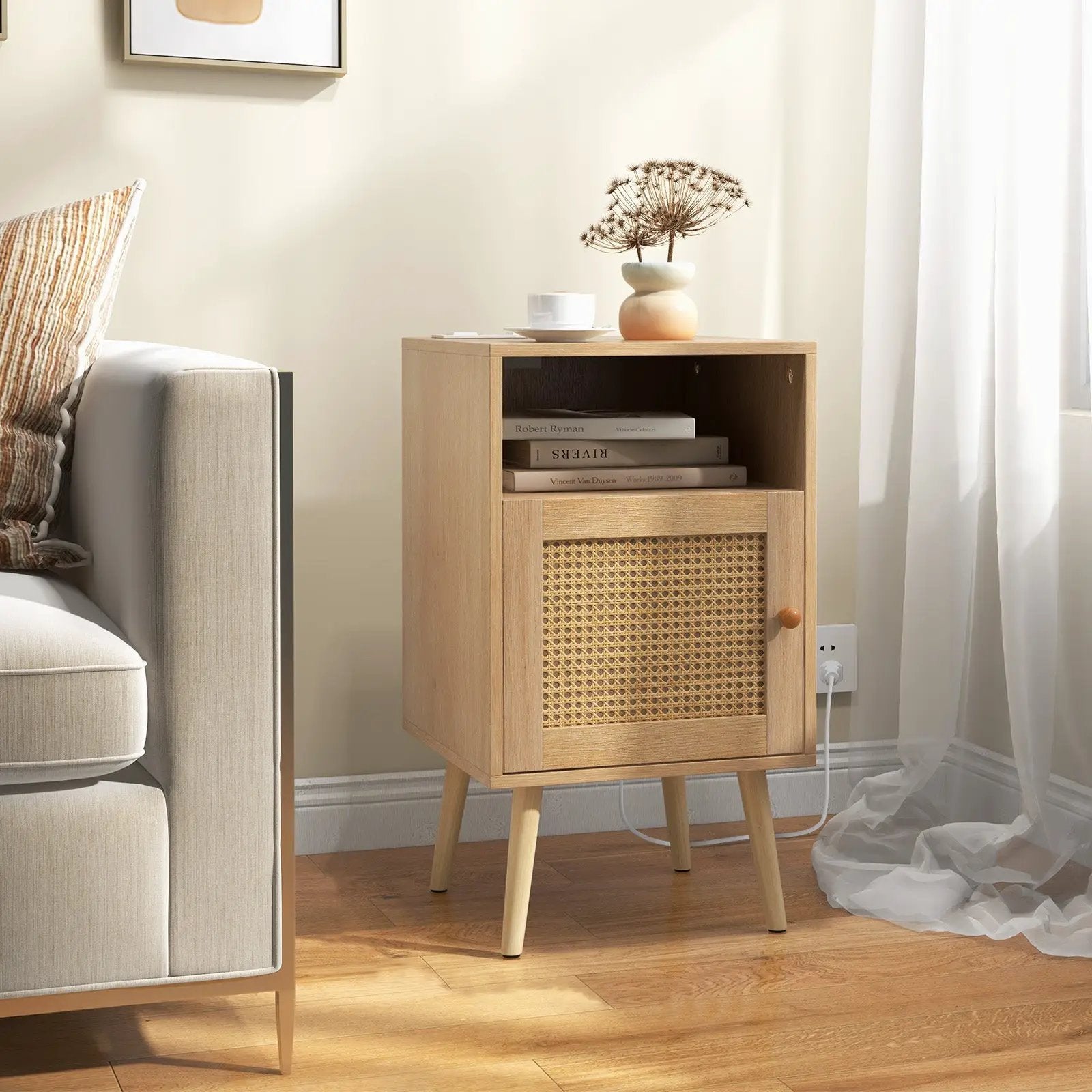 Rattan Nightstand with Charging Station Bedside Table with USB Ports and PE Rattan Door-Natural by DirectDeals