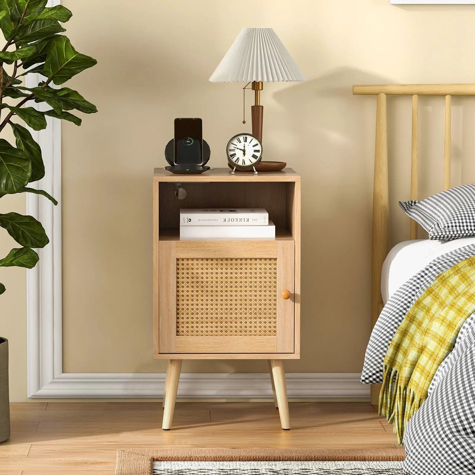 Rattan Nightstand with Charging Station Bedside Table with USB Ports and PE Rattan Door-Natural by DirectDeals