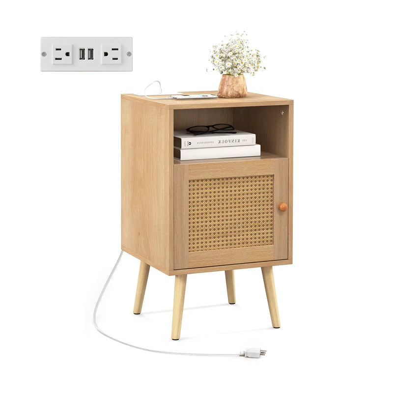 Rattan Nightstand with Charging Station Bedside Table with USB Ports and PE Rattan Door-Natural by DirectDeals
