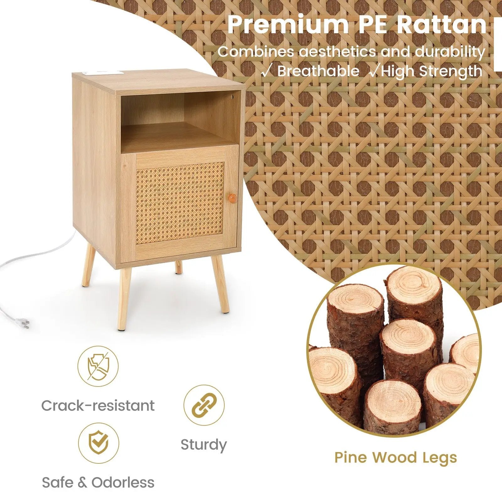 Rattan Nightstand with Charging Station Bedside Table with USB Ports and PE Rattan Door-Natural by DirectDeals