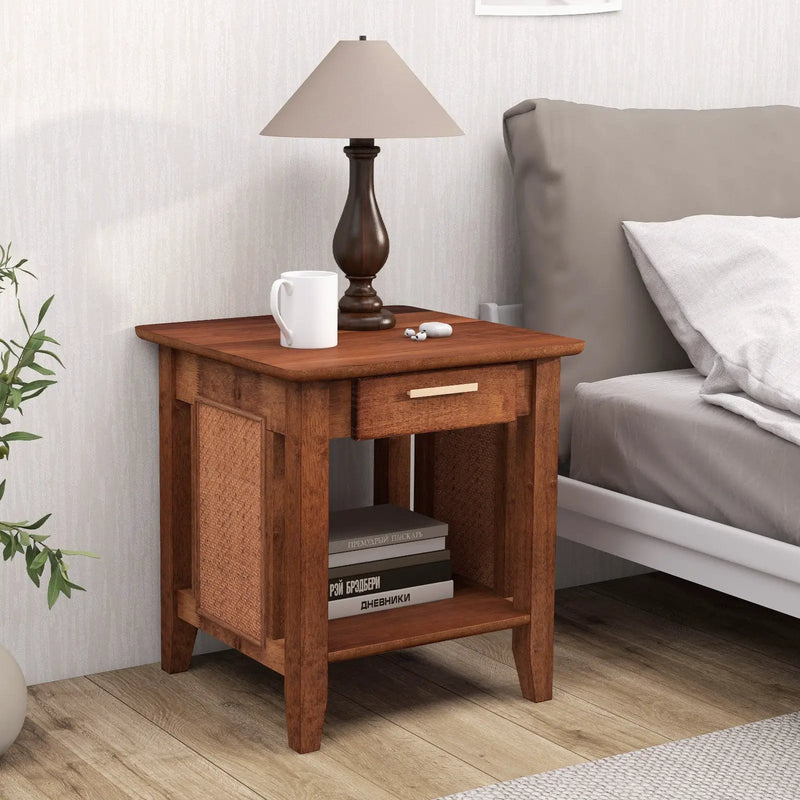 Rattan Nightstand End Table with Drawer and Storage Shelf-Walnut by DirectDeals