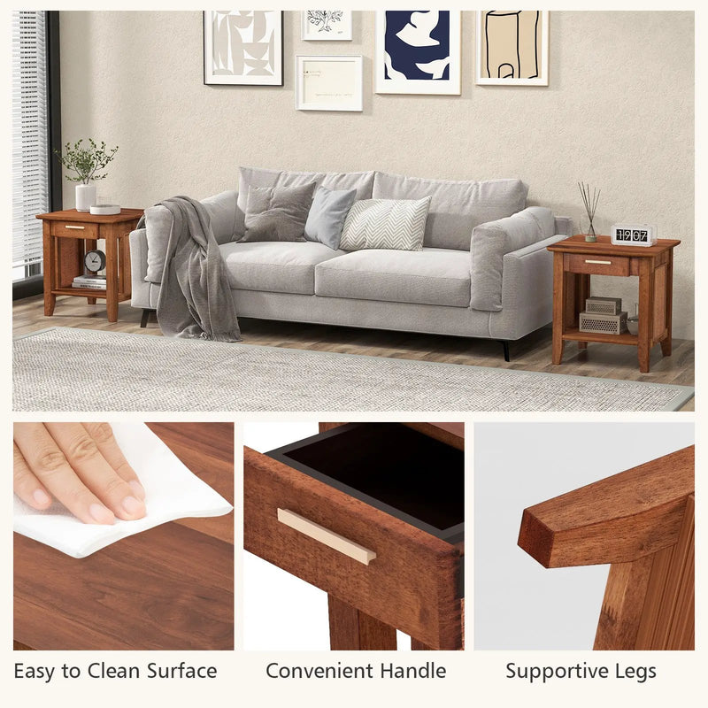 Rattan Nightstand End Table with Drawer and Storage Shelf-Walnut by DirectDeals