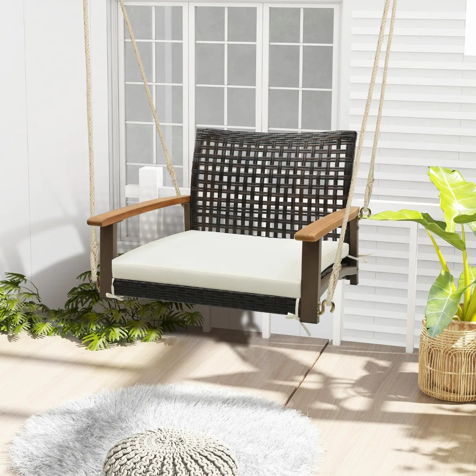 Single Rattan Porch Swing with Armrests Cushion and Hanging Ropes-White by DirectDeals
