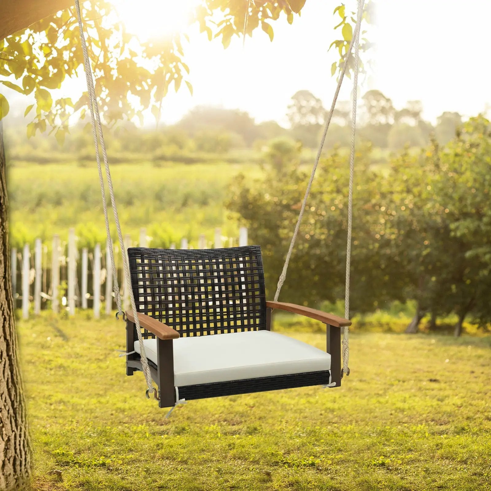 Single Rattan Porch Swing with Armrests Cushion and Hanging Ropes-White by DirectDeals