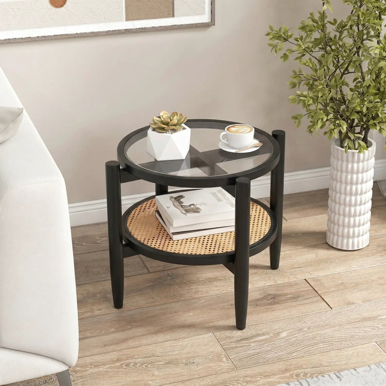 Round Rattan Side Table with Tempered Glass Top by DirectDeals