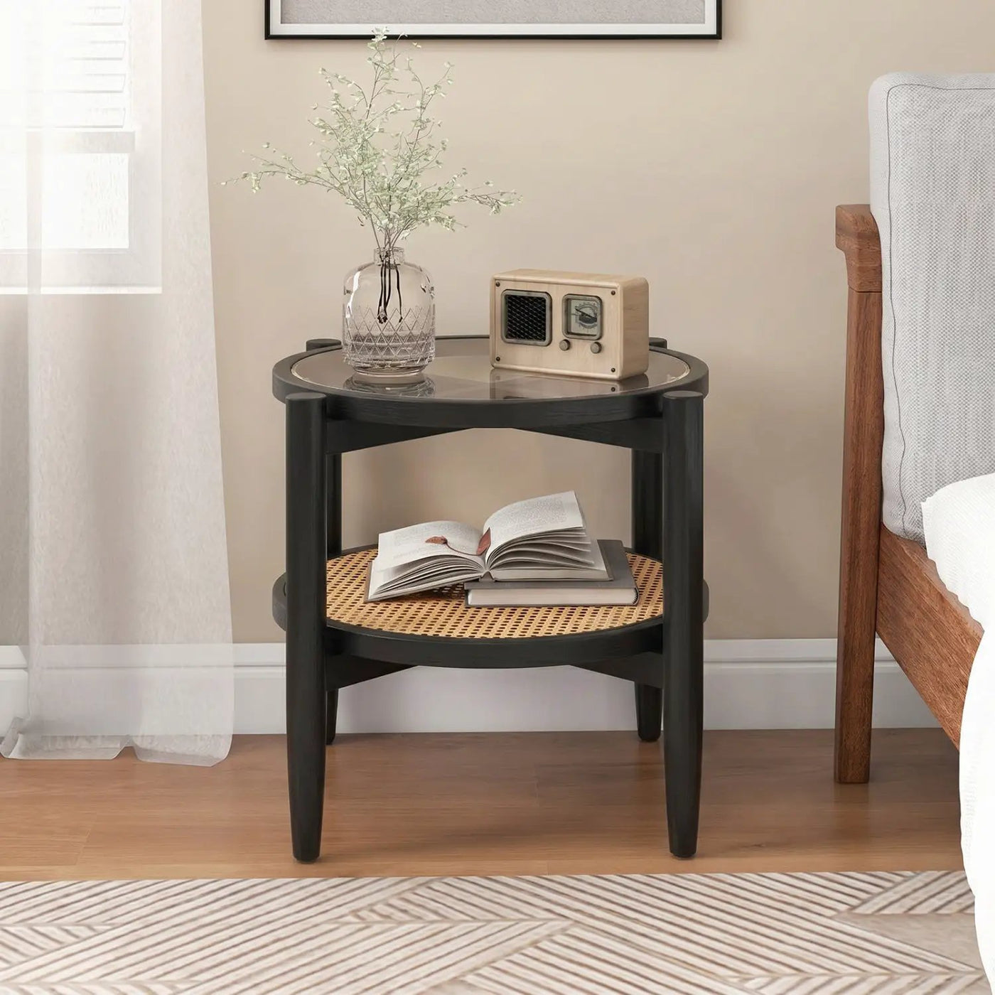 Round Rattan Side Table with Tempered Glass Top by DirectDeals