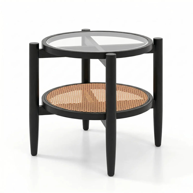 Round Rattan Side Table with Tempered Glass Top by DirectDeals