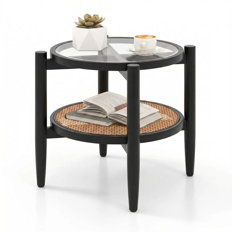 Round Rattan Side Table with Tempered Glass Top by DirectDeals