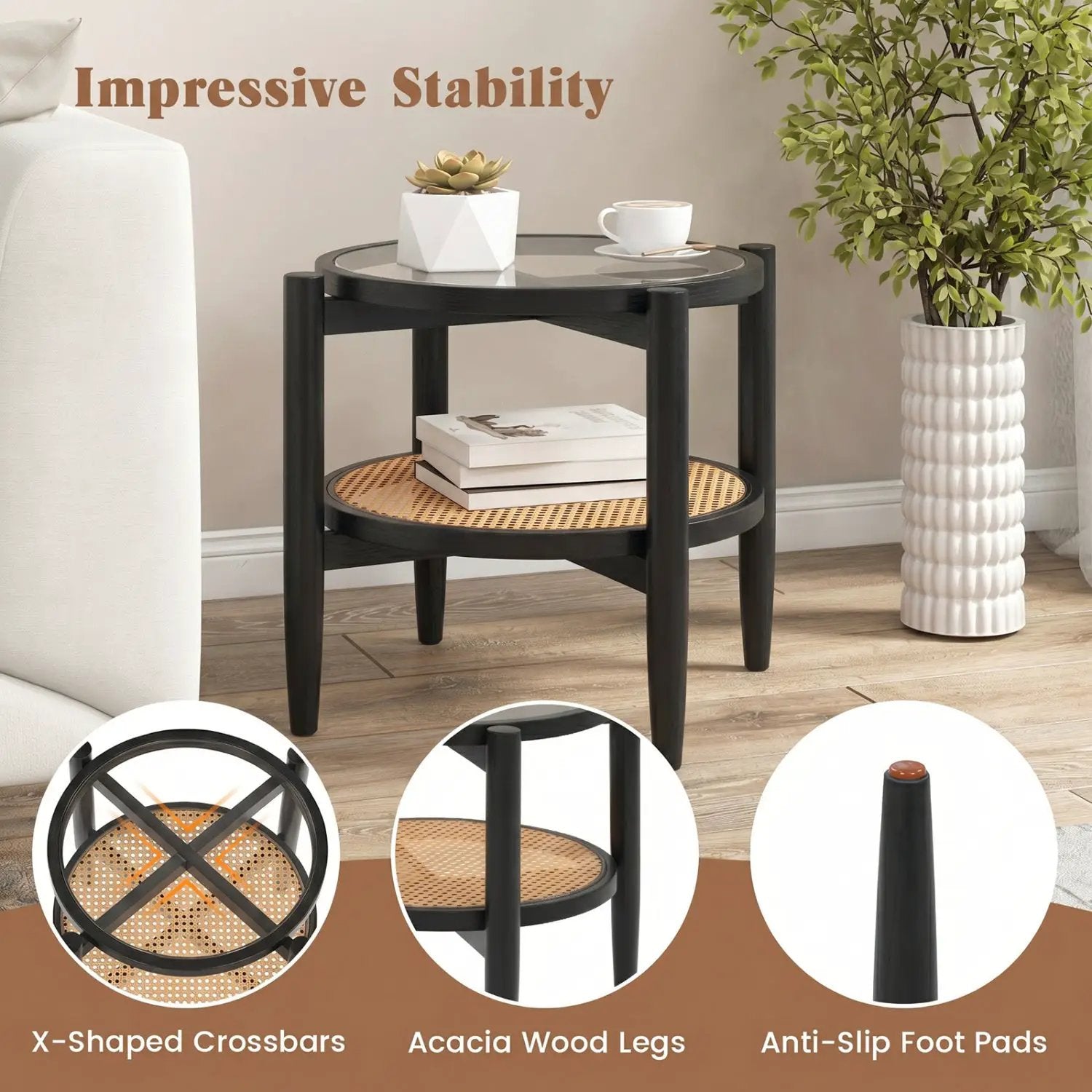 Round Rattan Side Table with Tempered Glass Top by DirectDeals