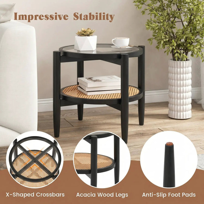 Round Rattan Side Table with Tempered Glass Top by DirectDeals