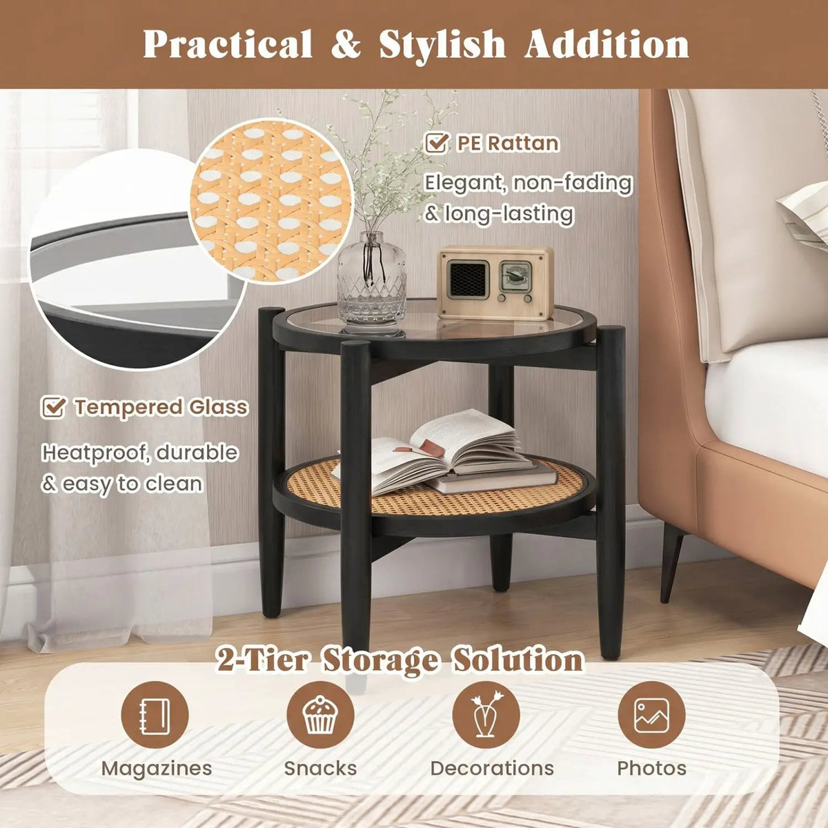Round Rattan Side Table with Tempered Glass Top by DirectDeals