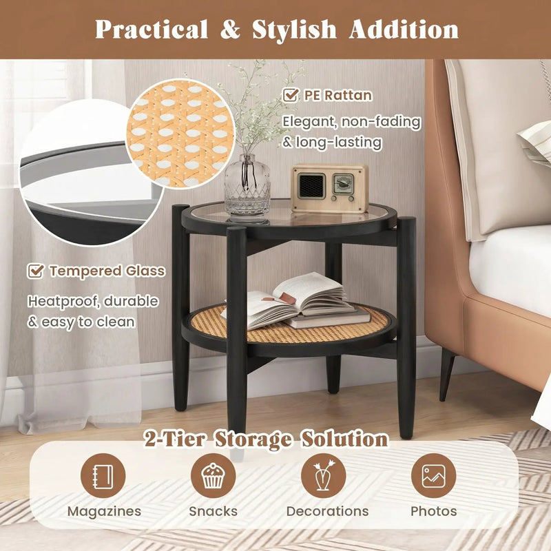 Round Rattan Side Table with Tempered Glass Top by DirectDeals