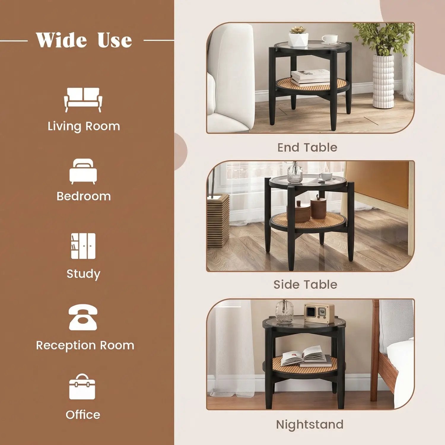Round Rattan Side Table with Tempered Glass Top by DirectDeals