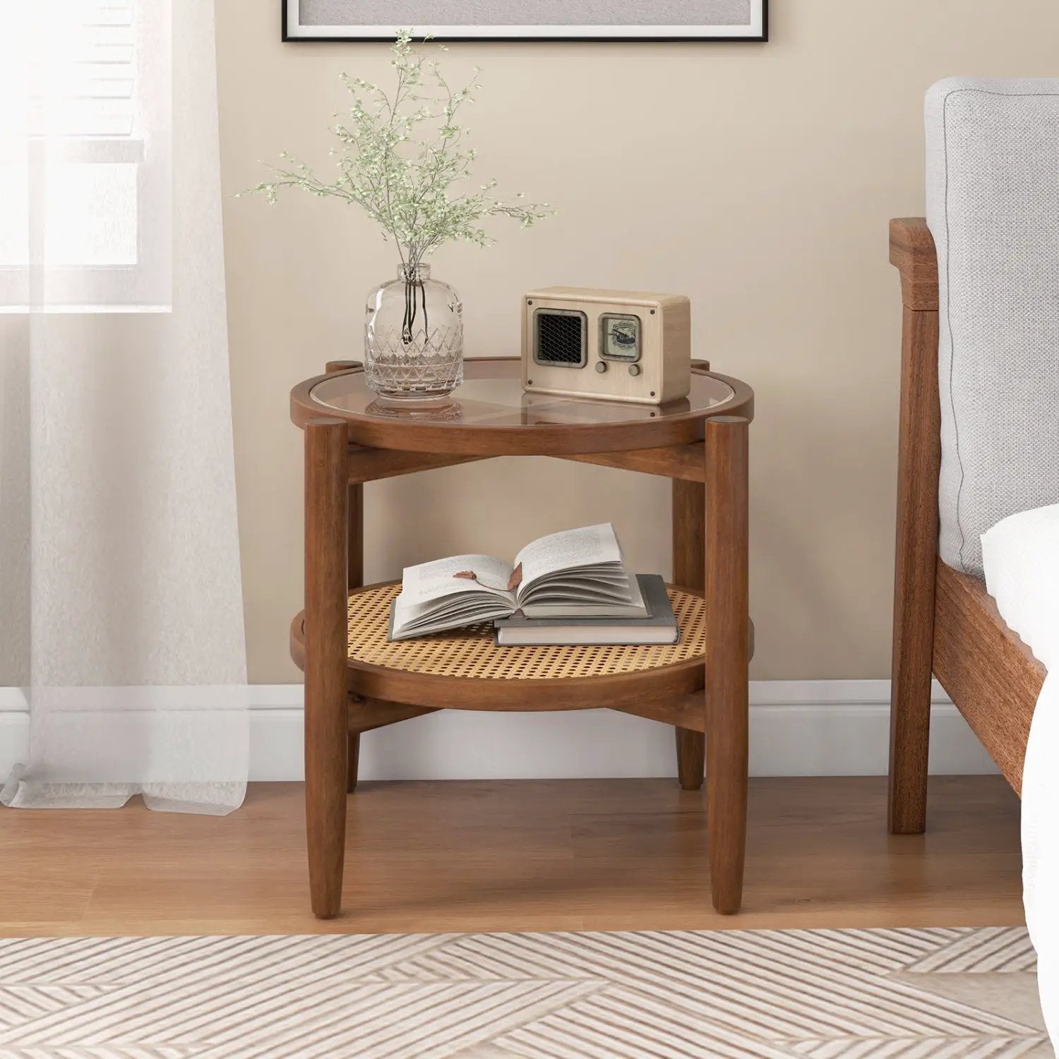 Round Rattan Side Table with Tempered Glass Top by DirectDeals