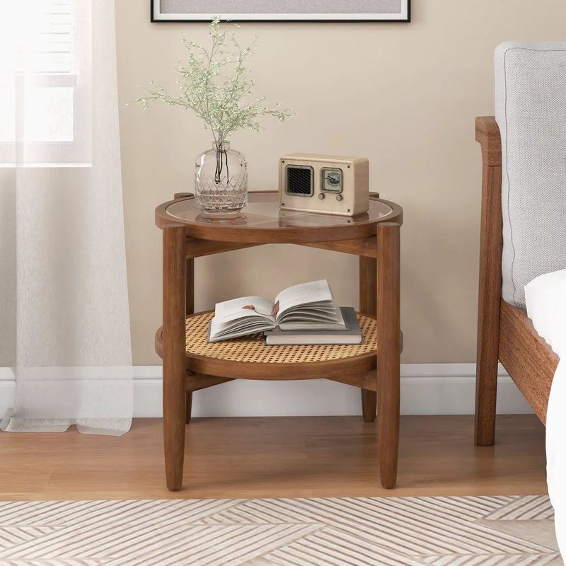 Round Rattan Side Table with Tempered Glass Top by DirectDeals