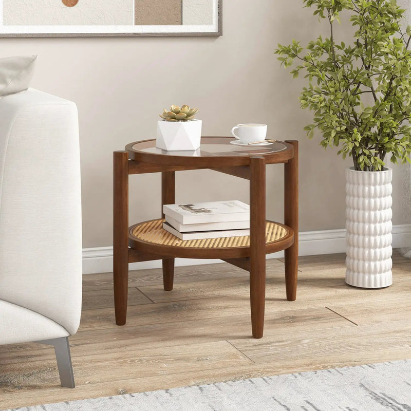 Round Rattan Side Table with Tempered Glass Top by DirectDeals