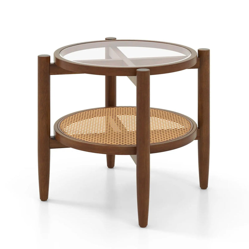 Round Rattan Side Table with Tempered Glass Top by DirectDeals