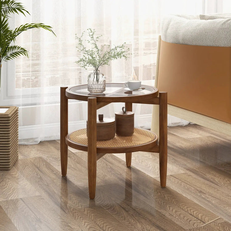 Round Rattan Side Table with Tempered Glass Top by DirectDeals