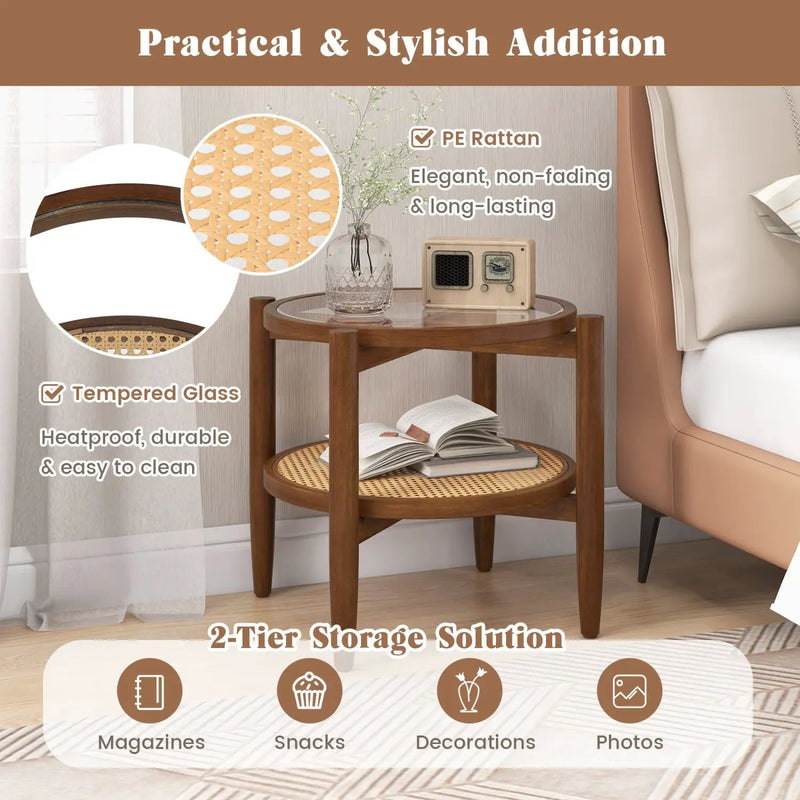 Round Rattan Side Table with Tempered Glass Top by DirectDeals