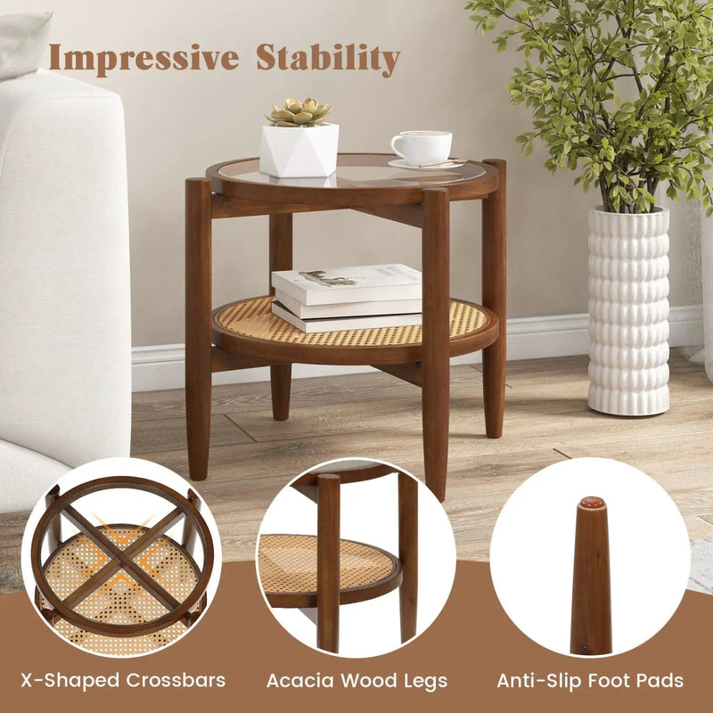 Round Rattan Side Table with Tempered Glass Top by DirectDeals