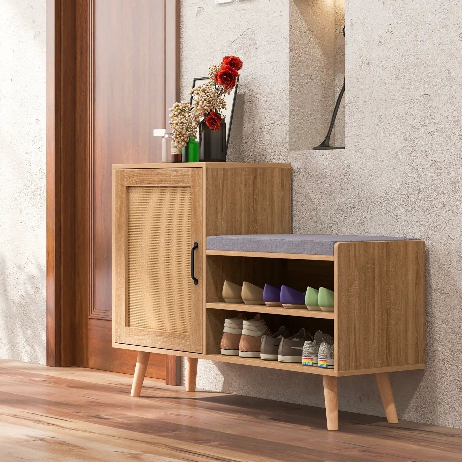 2-in-1 Rattan Shoe Cabinet with Bench Shoe Storage Bench with Washable Cushion-Natural by DirectDeals