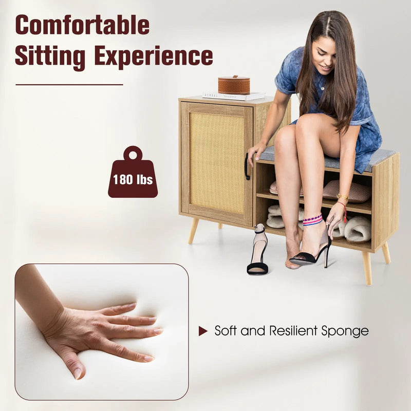 2-in-1 Rattan Shoe Cabinet with Bench Shoe Storage Bench with Washable Cushion-Natural by DirectDeals
