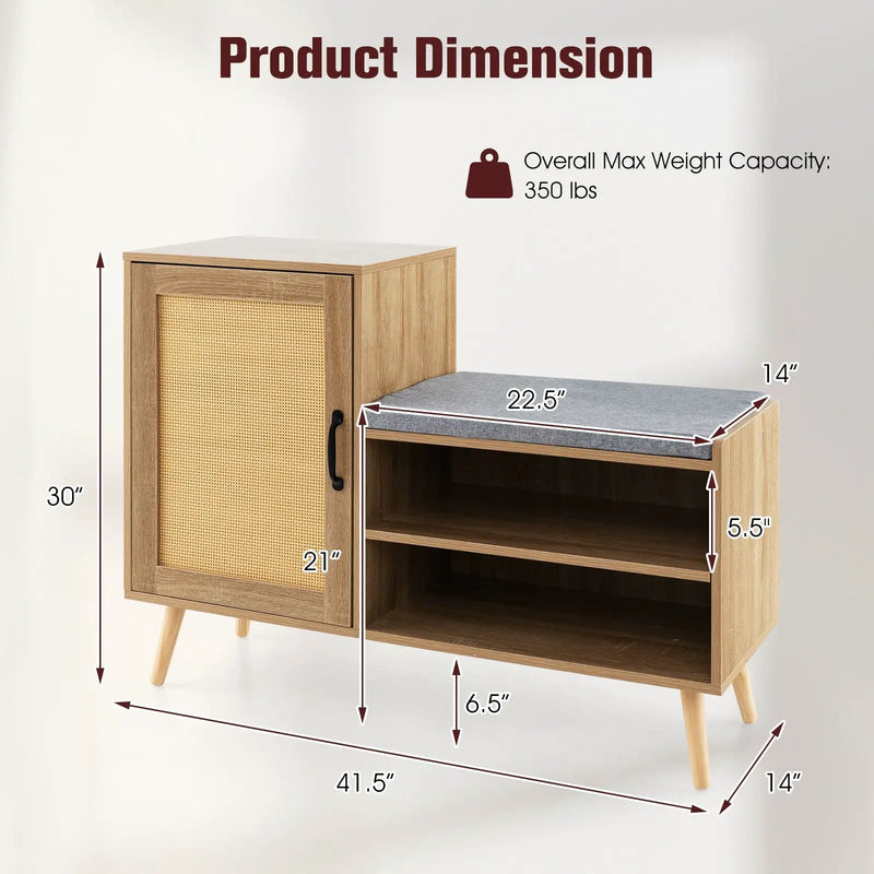 2-in-1 Rattan Shoe Cabinet with Bench Shoe Storage Bench with Washable Cushion-Natural by DirectDeals
