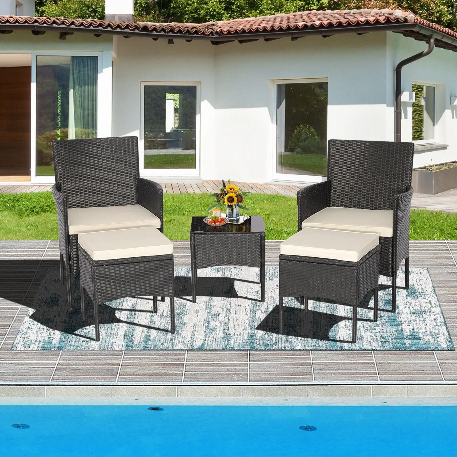5 Pieces Outdoor Wicker Sofa Set with Coffee Table and 2 Ottomans by DirectDeals