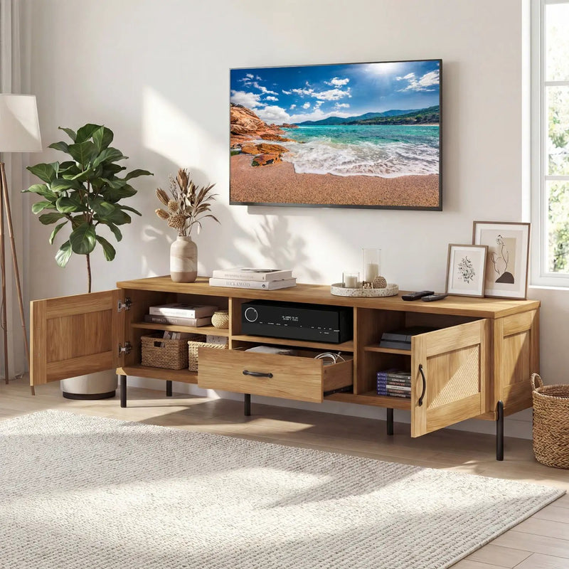 Rattan TV Stand for TVs up to 80" Mid Century Modern Media Console Table with 2 Storage Cabinets by DirectDeals