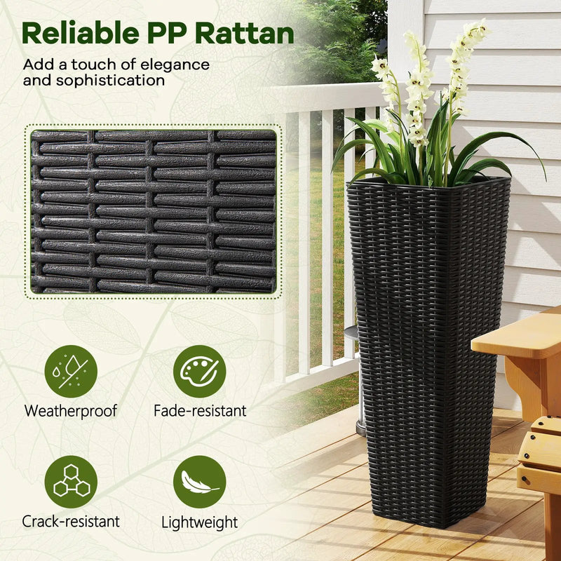 Rattan Tall Planter Set of 2 Outdoor Large Tapered Planters with Removable Inner Trays by DirectDeals