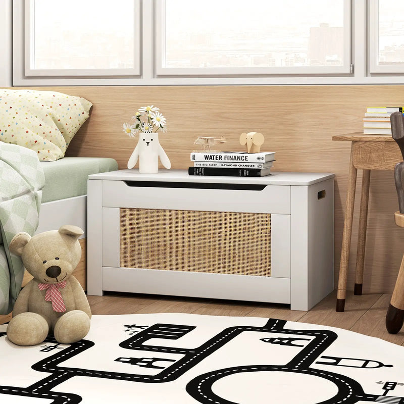 Kids Rattan Toy Storage Box with Flip Top Lid and Safety Hinge Handles-White by DirectDeals