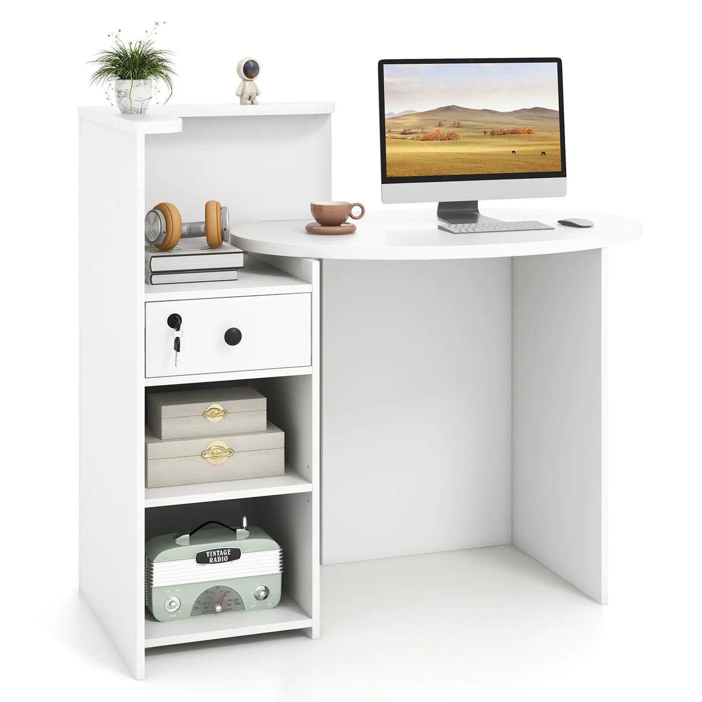 Front Reception Office Desk with Open Shelf and Lockable Drawer by DirectDeals