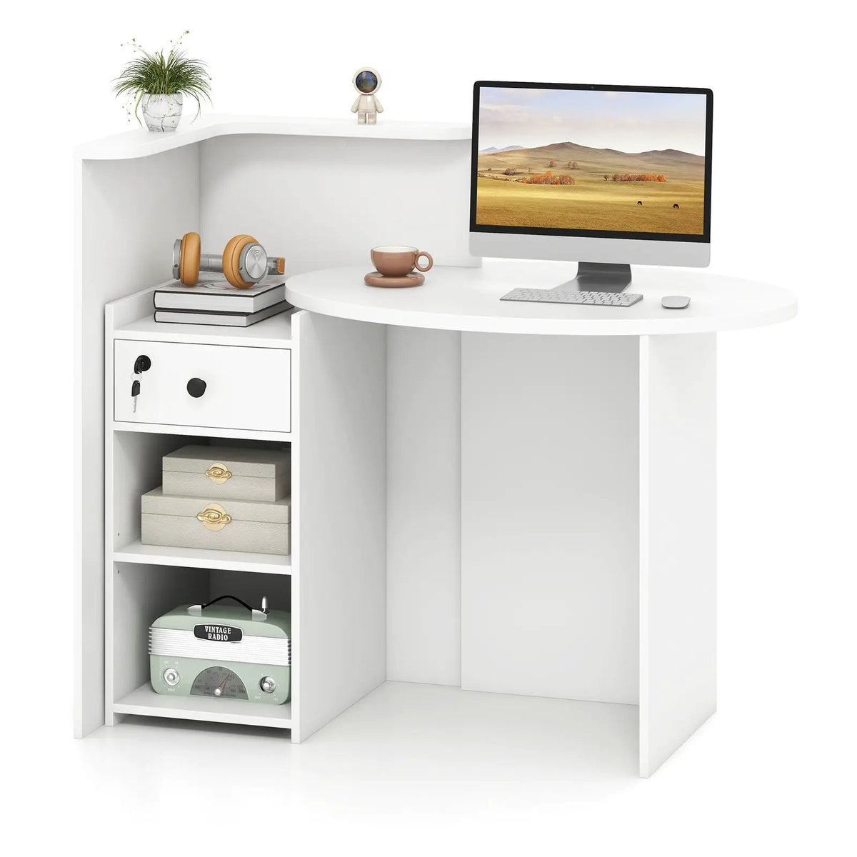 Front Reception Office Desk with Open Shelf and Lockable Drawer by DirectDeals