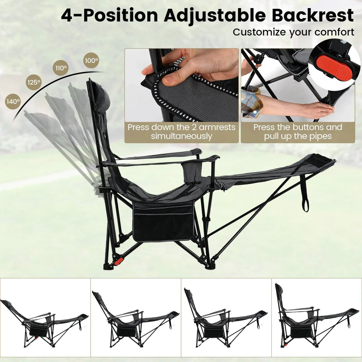 Reclining Camping Chair with Removable Footrest and Adjustable Backrest by DirectDeals