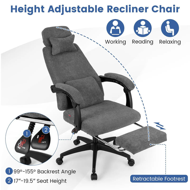 Reclining Office Chair Chenille Fabric Upholstered Computer Desk Chair-Gray by DirectDeals