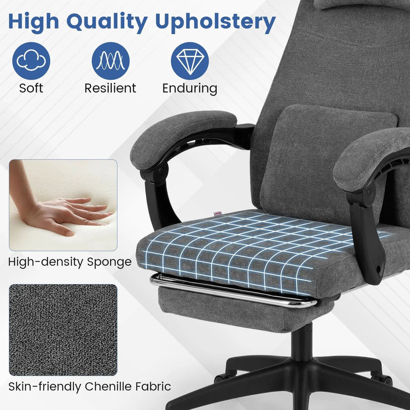 Reclining Office Chair Chenille Fabric Upholstered Computer Desk Chair-Gray by DirectDeals