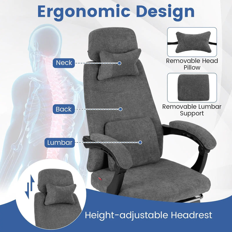 Reclining Office Chair Chenille Fabric Upholstered Computer Desk Chair-Gray by DirectDeals