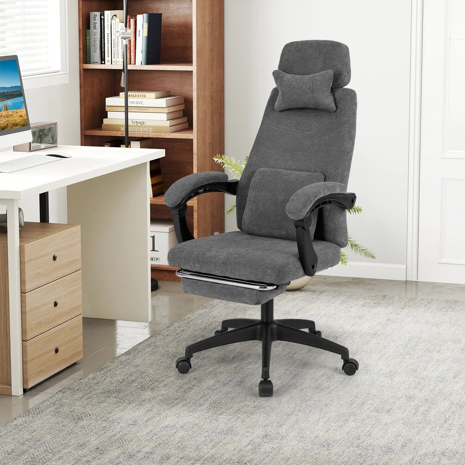 Reclining Office Chair Chenille Fabric Upholstered Computer Desk Chair-Gray by DirectDeals