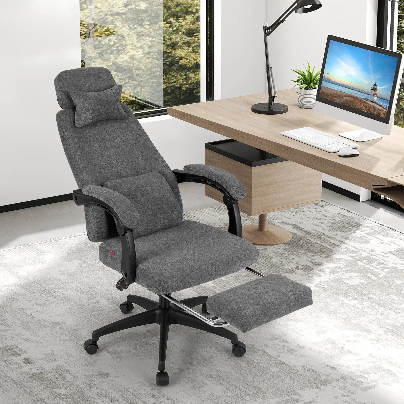 Reclining Office Chair Chenille Fabric Upholstered Computer Desk Chair-Gray by DirectDeals