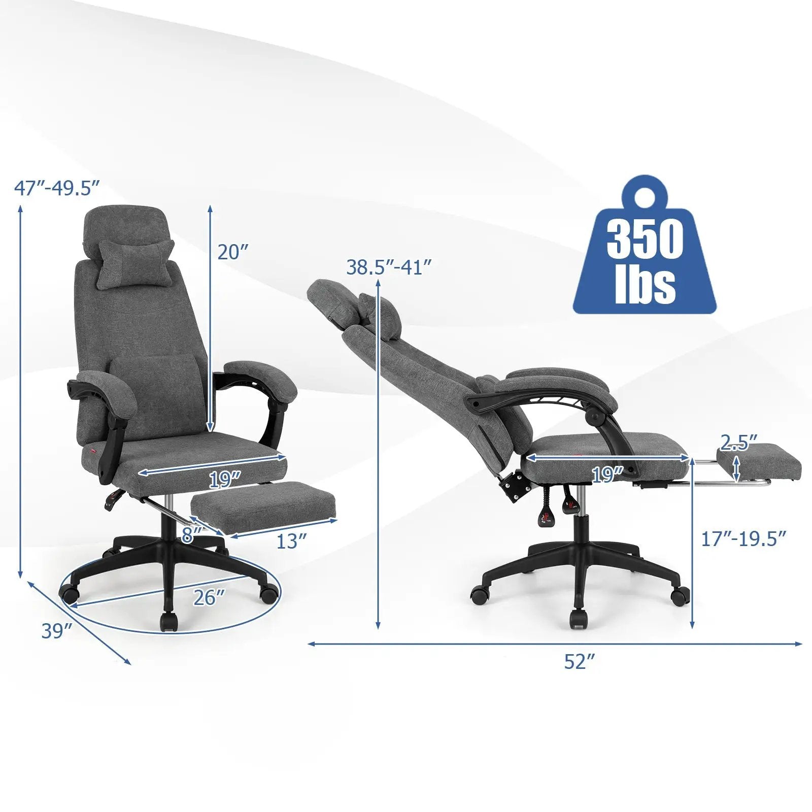 Reclining Office Chair Chenille Fabric Upholstered Computer Desk Chair-Gray by DirectDeals