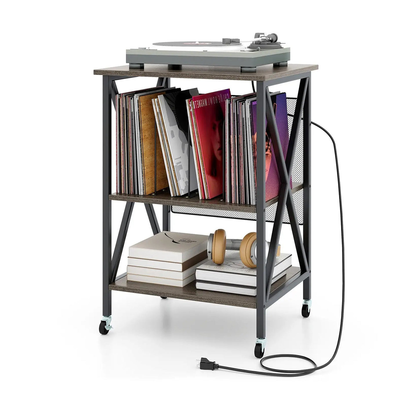 Mid-Century Record Player Stand with Built-in Charging Station by DirectDeals