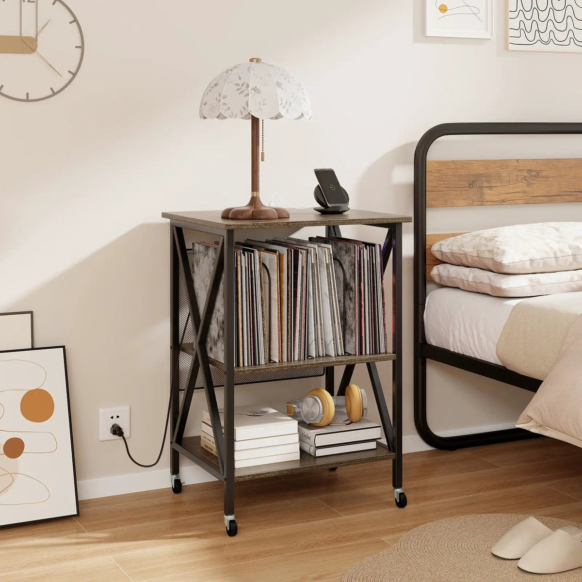 Mid-Century Record Player Stand with Built-in Charging Station by DirectDeals