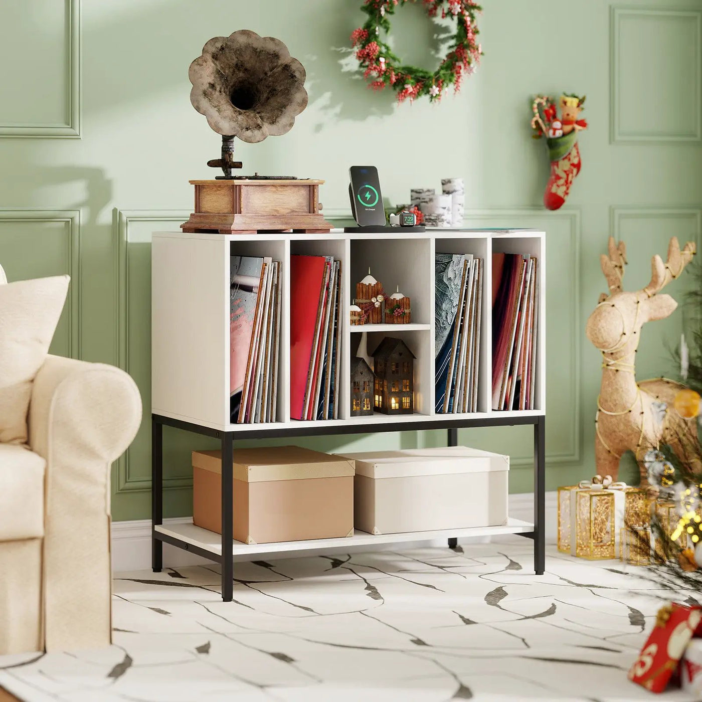 Record Player Stand with Charging Station and Metal Frame by DirectDeals