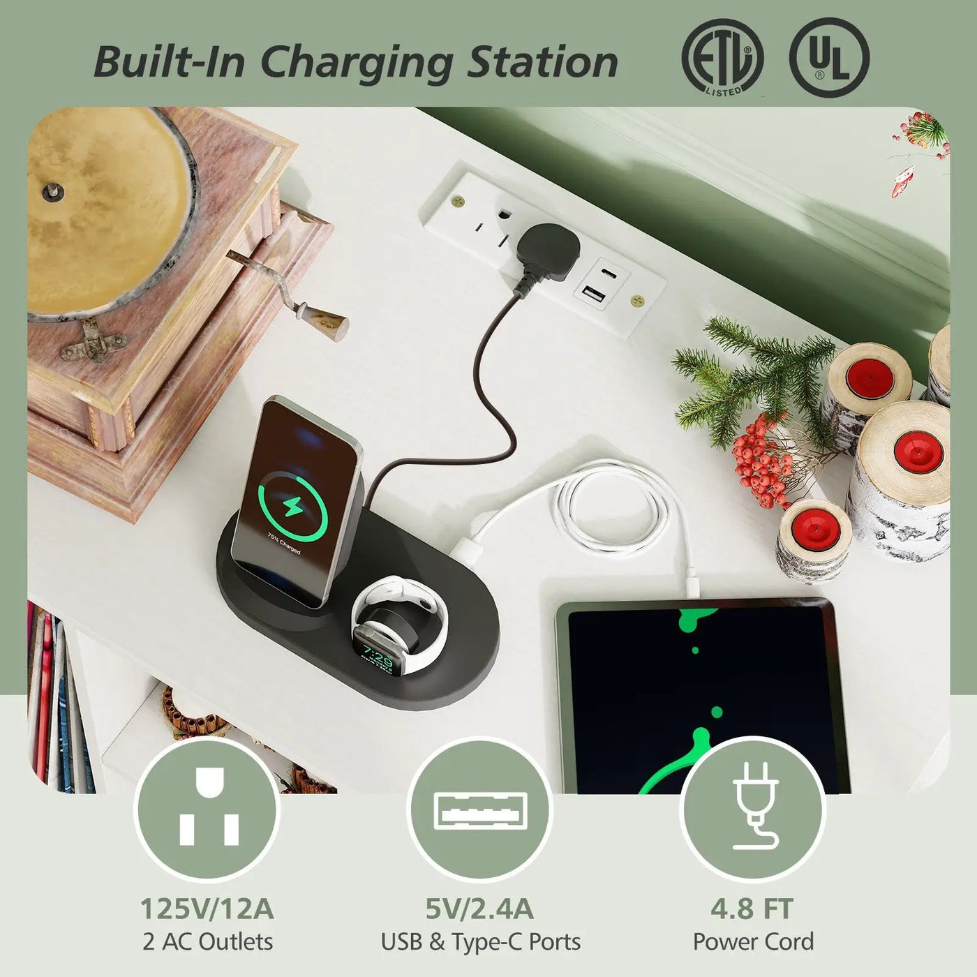 Record Player Stand with Charging Station and Metal Frame by DirectDeals