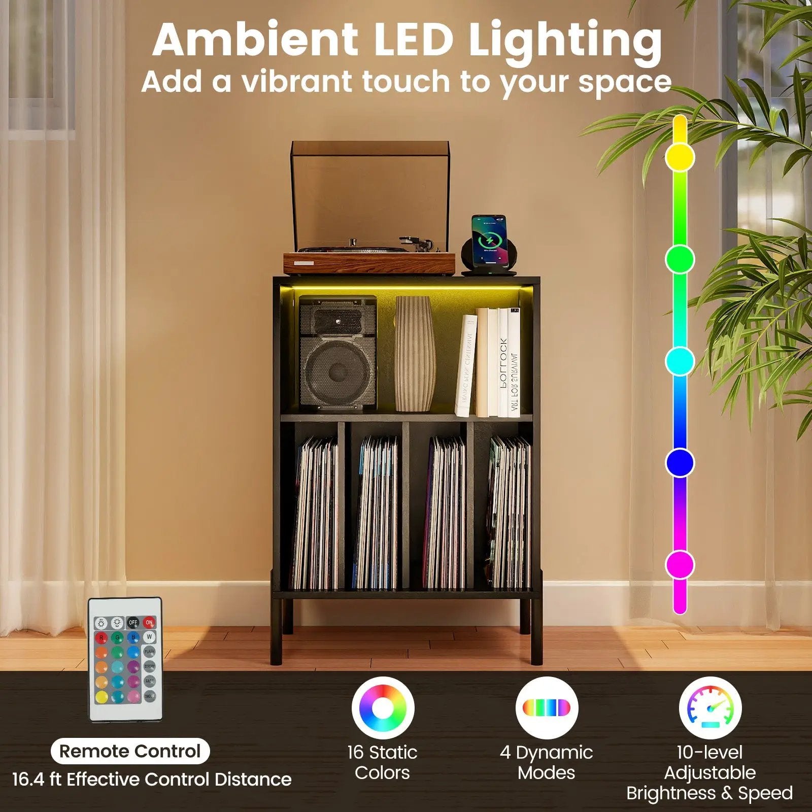 Record Player Stand with LED Light and Charging Station by DirectDeals