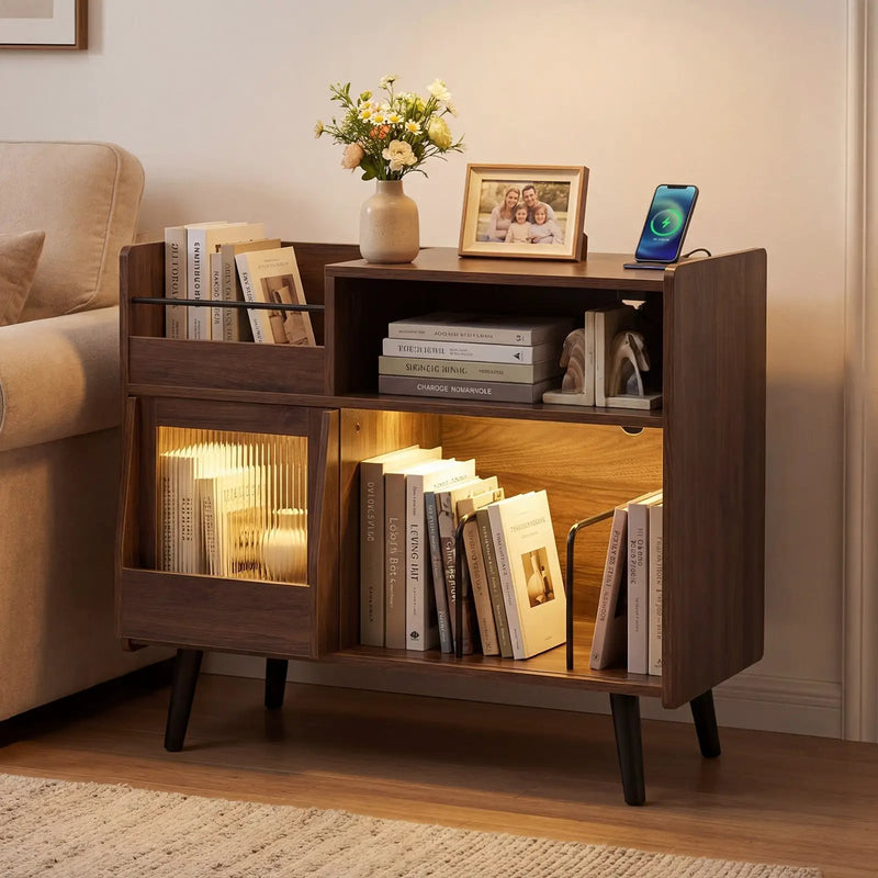Record Player Stand with LED Light and Power Outlets Large Turntable Stand with Sliding Door-Brown by DirectDeals