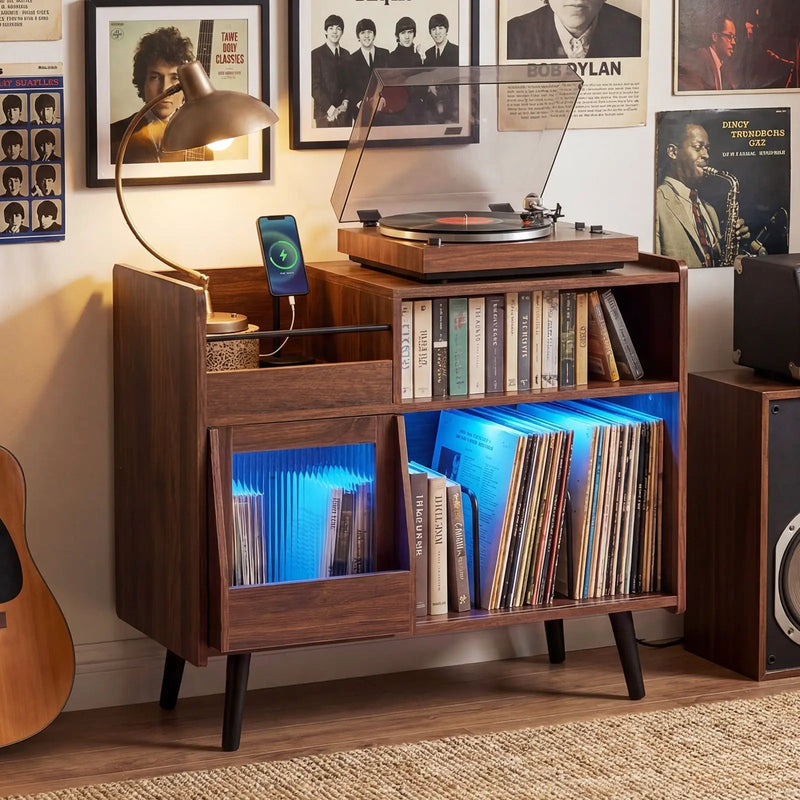 Record Player Stand with LED Light and Power Outlets Large Turntable Stand with Sliding Door-Brown by DirectDeals