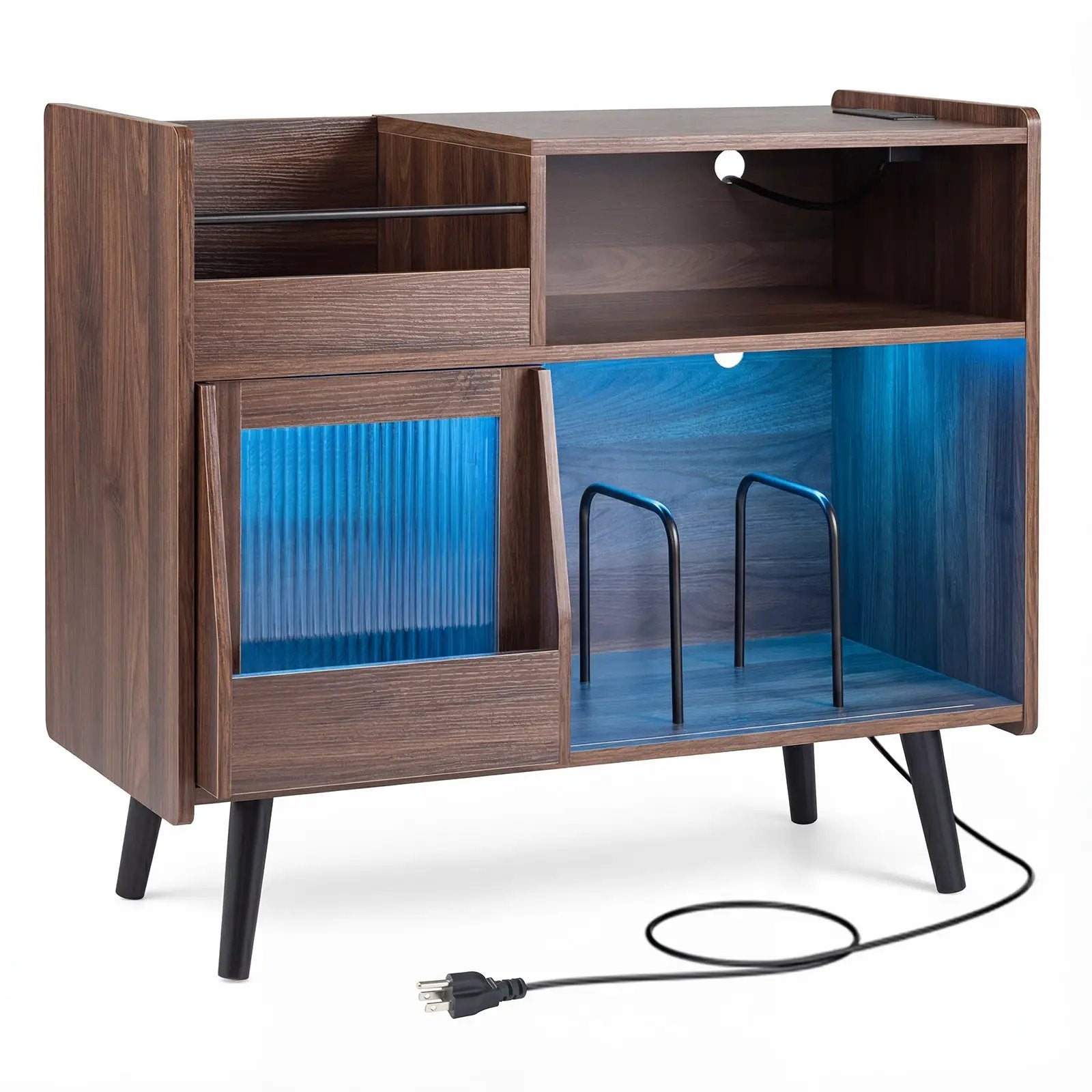 Record Player Stand with LED Light and Power Outlets Large Turntable Stand with Sliding Door-Brown by DirectDeals